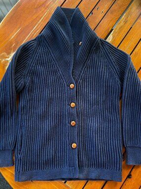 Vintage Navy Blue Chunky Rib Knit Shawl Collar Cardigan Sweater FITS LIKE XS/S